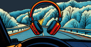A picture of a headset with the road as a background.