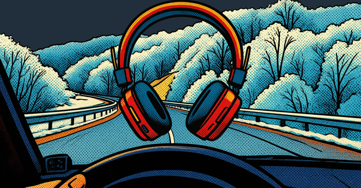 A picture of a headset with the road as a background.